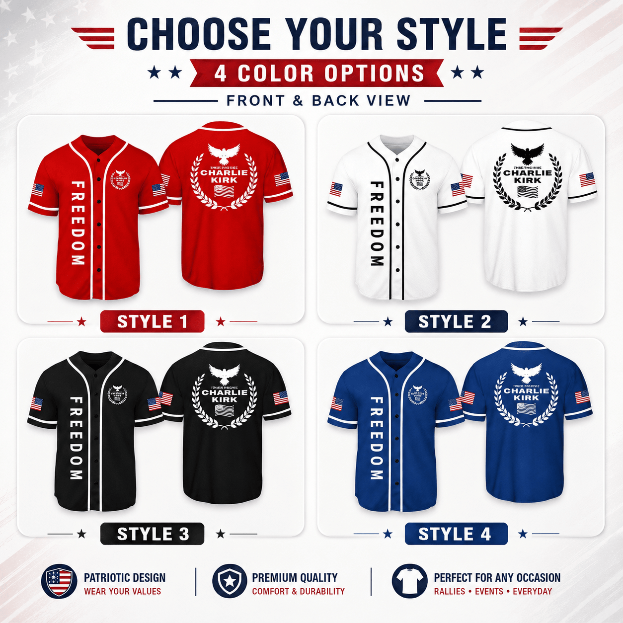 BN - 3D Freedom Charlie Kirk Baseball Jersey