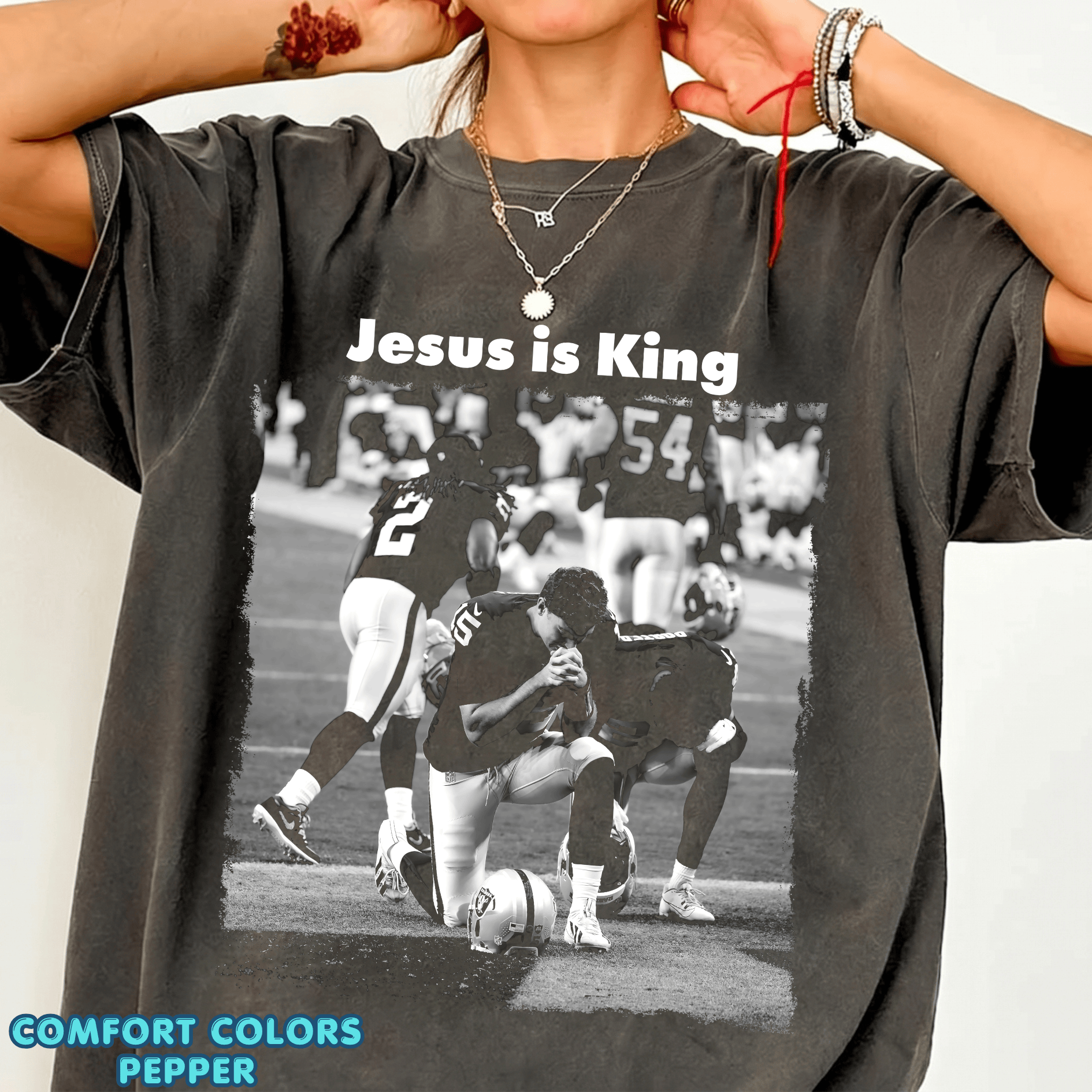 Jesus Is King Las Vegas Pray Football Shirt, Christian Faith Graphic Tee - Image 3