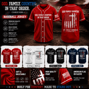 HN - 3D Freedom God Family Country In That Order Charlie Kirk Baseball Jersey
