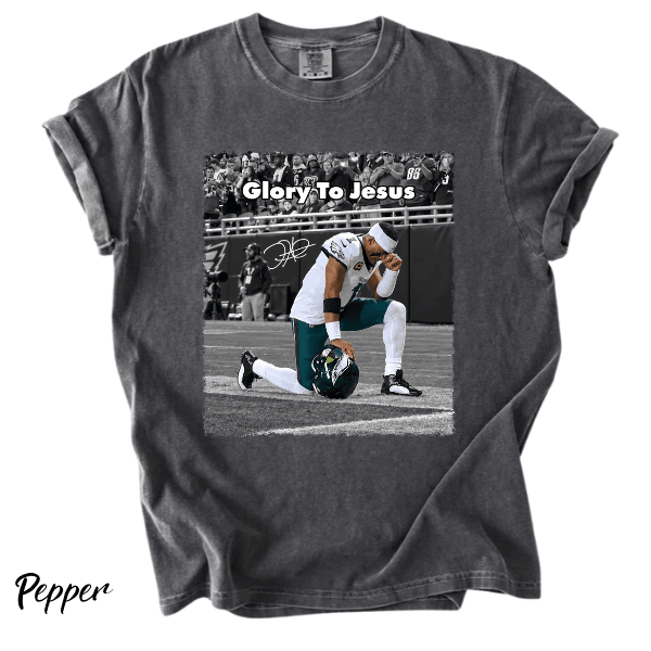 TA - Jalen Hurts Philadelphia Eagles Glory to Jesus Football Tee - Image 3