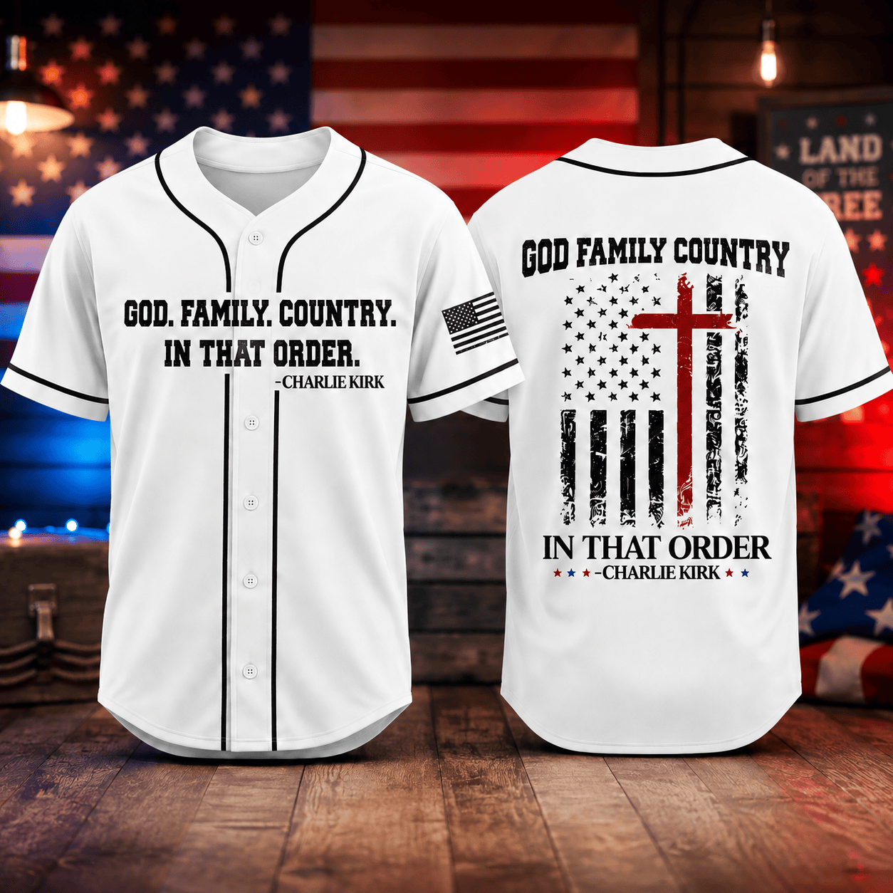 HN - 3D Freedom God Family Country In That Order Charlie Kirk Baseball Jersey - Image 3