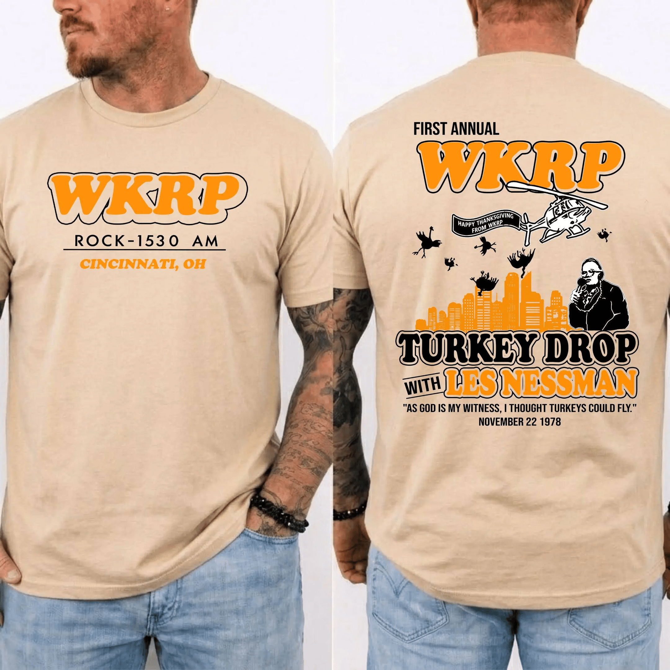WKRP Turkey Drop T-Shirt, Les Nessman Thanksgiving Graphic Tee - Image 2