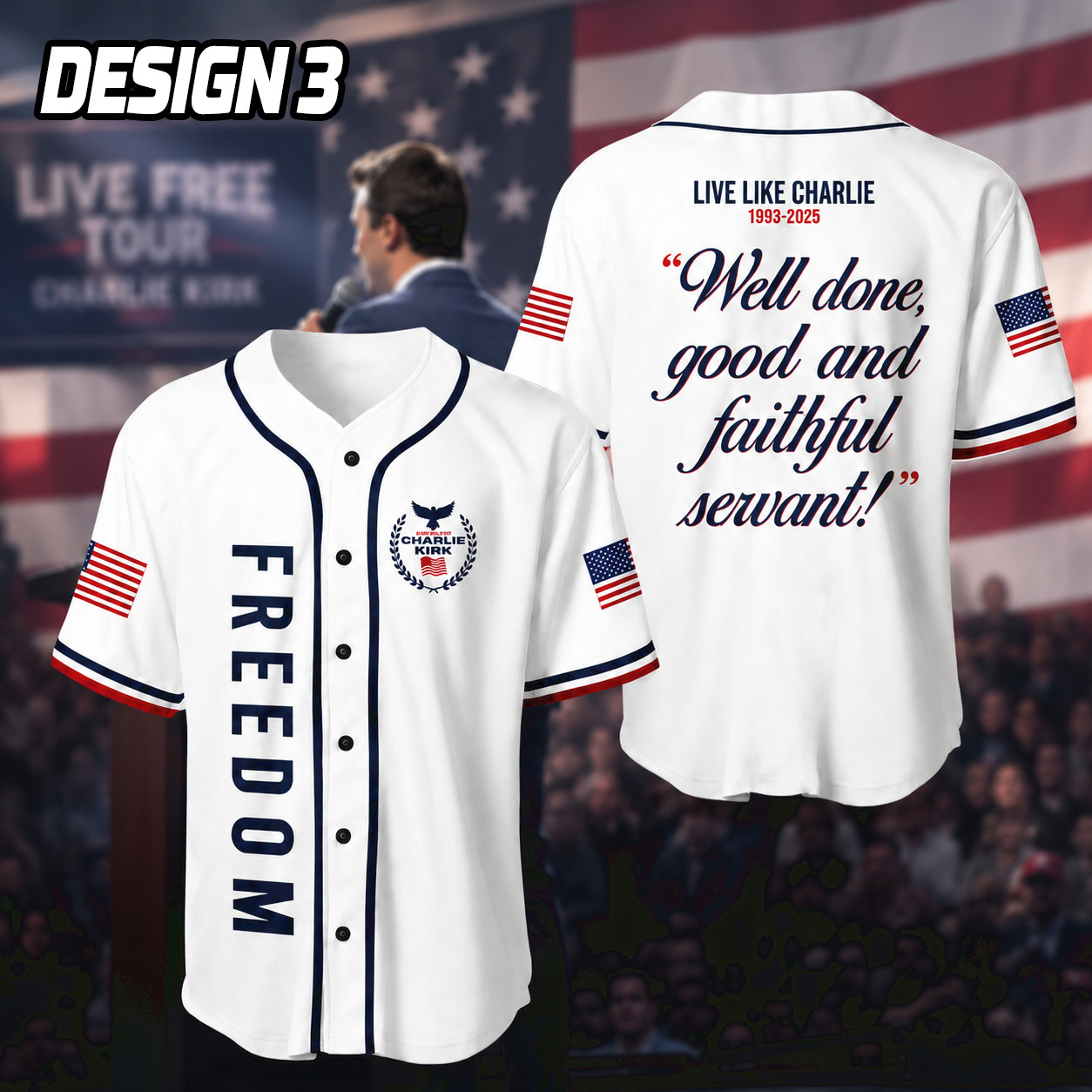 NA - 3D Freedom Well Done, Good and Faithful Servant Charlie Kirk Baseball Jersey - Image 4
