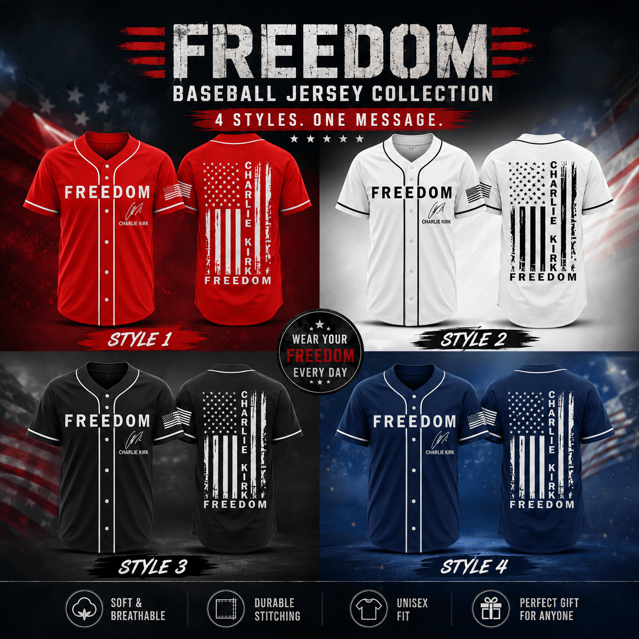 HN - 3D Freedom Charlie Kirk USA Baseball Jersey
