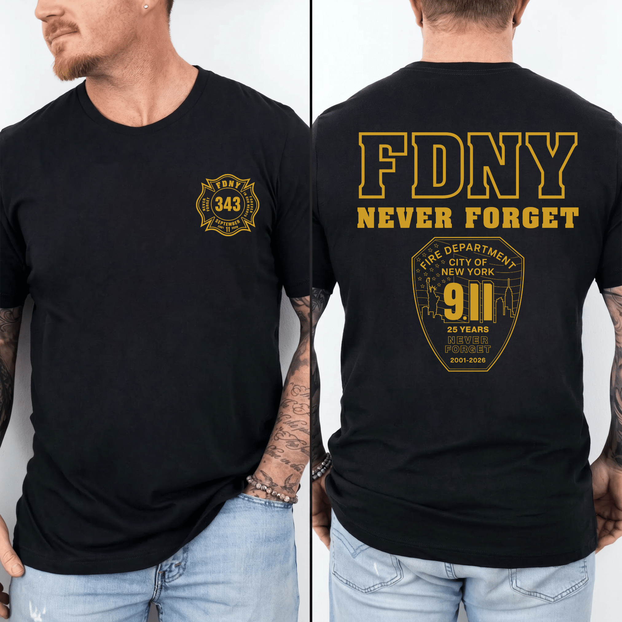 9/11 25th Anniversary Memorial Firefighter Shirt | Never Forget 9-11-2001 Tribute Tee | FDNY Police EMS Patriotic T-Shirt - Image 3