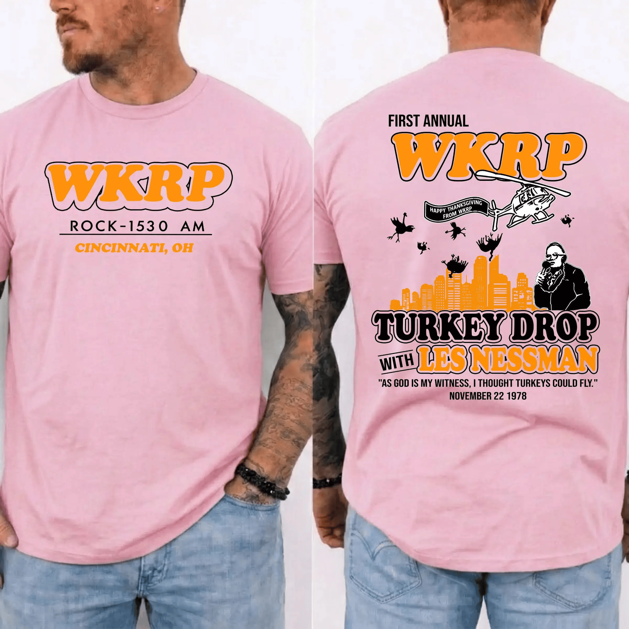 WKRP Turkey Drop T-Shirt, Les Nessman Thanksgiving Graphic Tee - Image 3