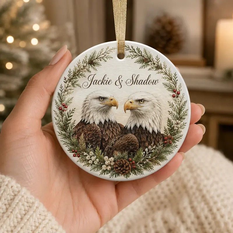 TT - Jackie and Shadow Bald Eagles of Big Bear Lake Circle Ceramic Ornament - Image 3