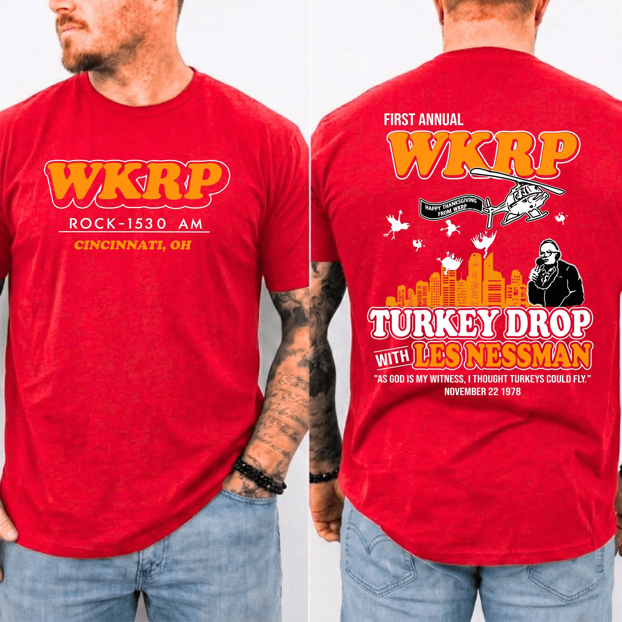 WKRP Turkey Drop T-Shirt, Les Nessman Thanksgiving Graphic Tee - Image 4